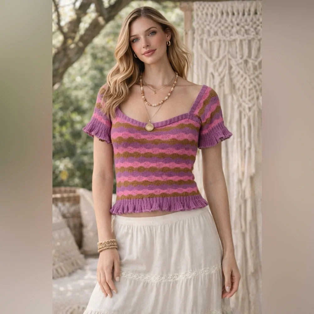 Vtg Union Label Pink and Brown Striped Knit Top/Sweater Ruffle Trim Size Small